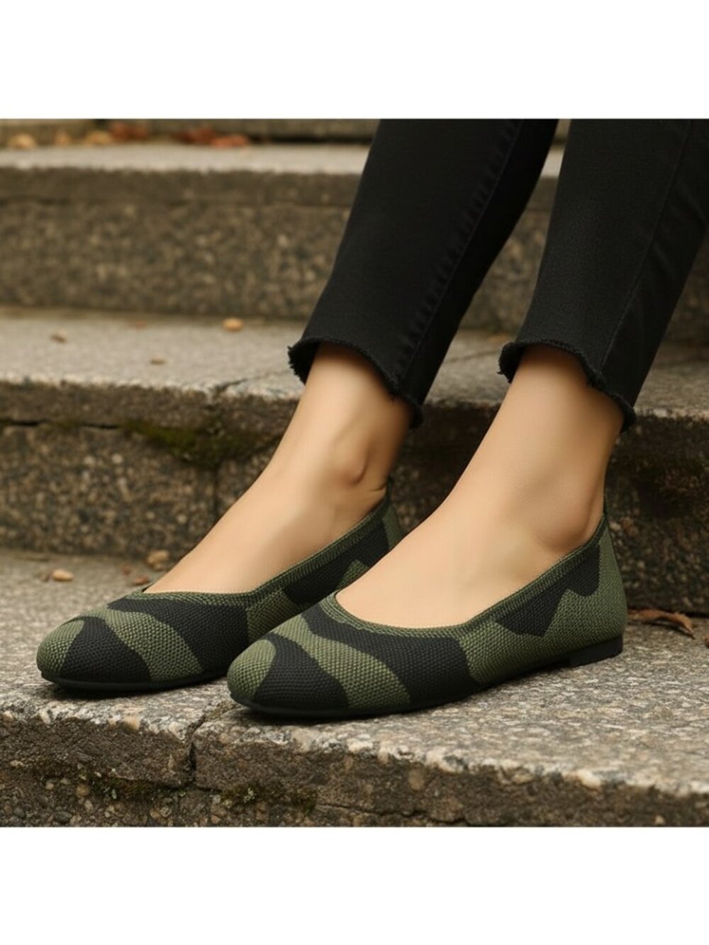 Camouflage Mesh Knit Square Toe Ballet Flats Camo Slip-On Shoes Western Cowgirl